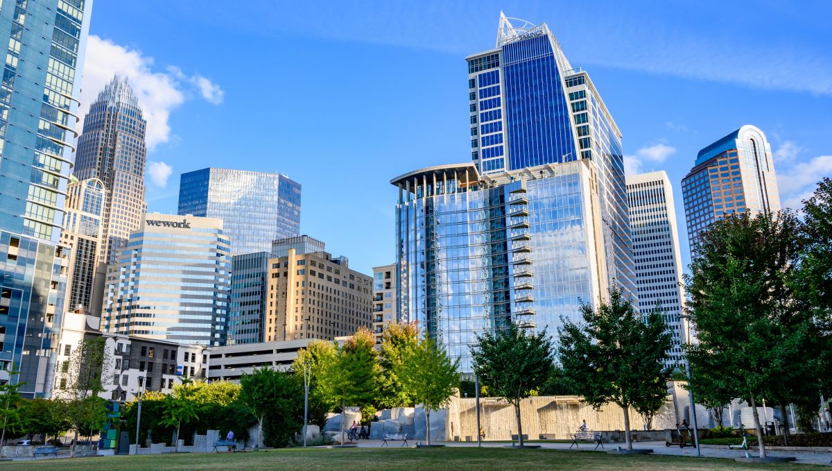 Charlotte skyline on clear day taken from view from park 