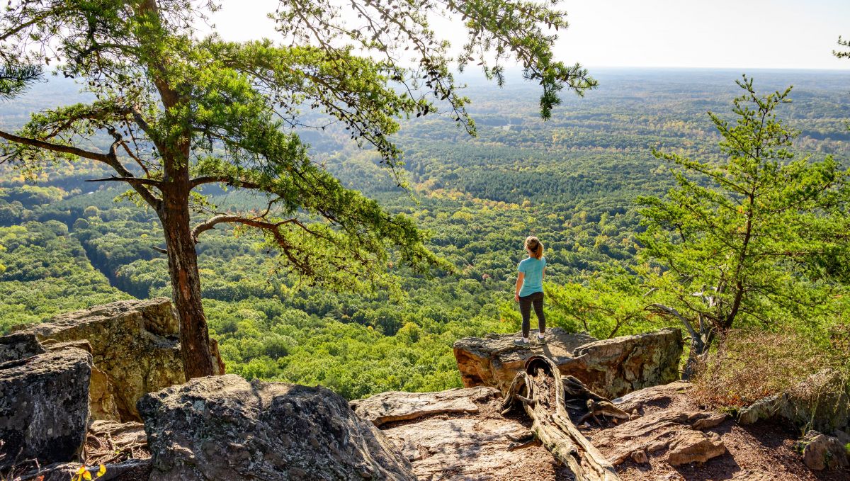 Woman standing near edge of mountain at Crowders Mountain State Park on sunny day